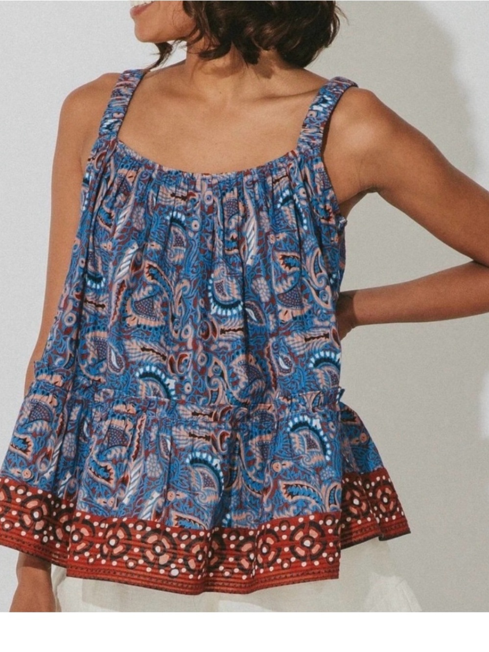 Cleobella Blue Paisley Peplum Tank with Rust Border